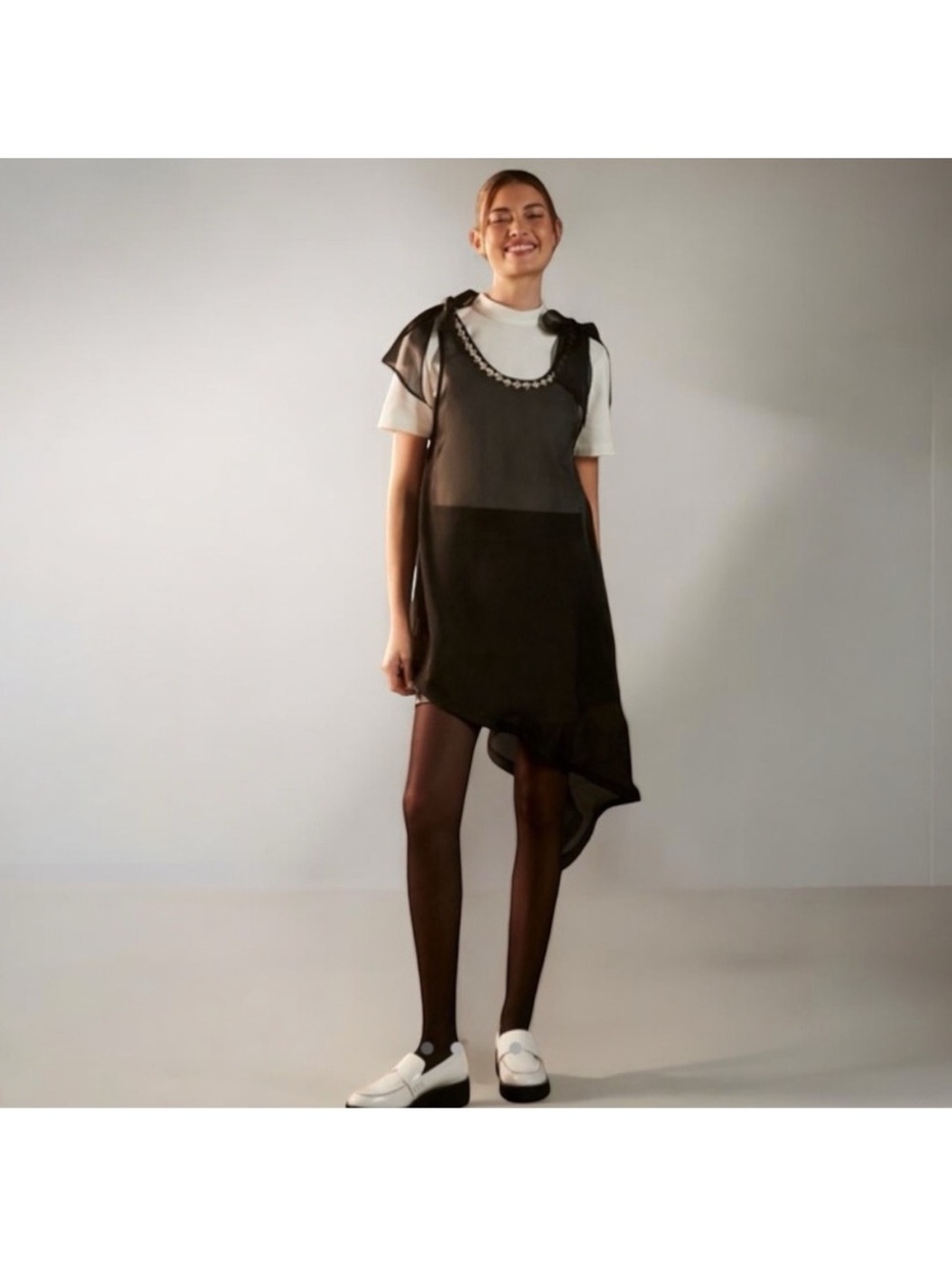Anthropologie Maeve Sheer Embellished Tunic organza asymmetrical black